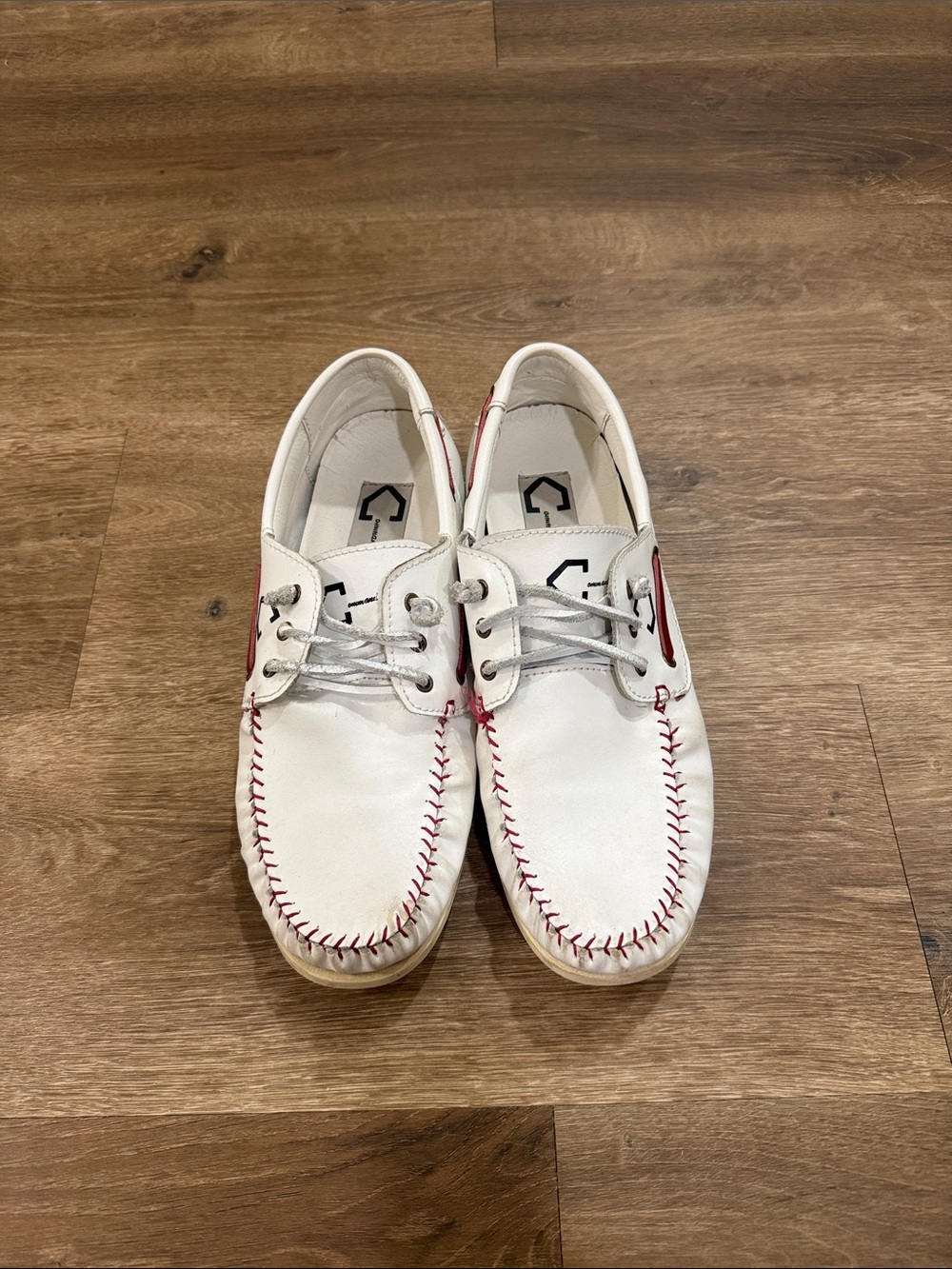 White Men’s Boat Shoes with Red Stitching - Baseballism